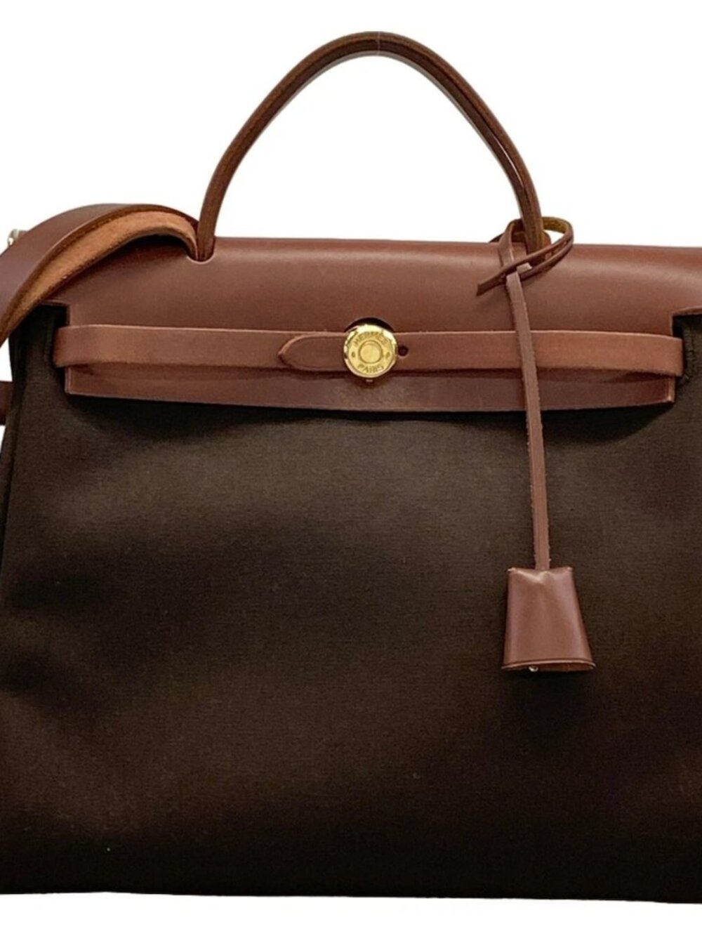 HERMES Herbag PM Dark Brown Toile Officier Box Calf Square F Handbag